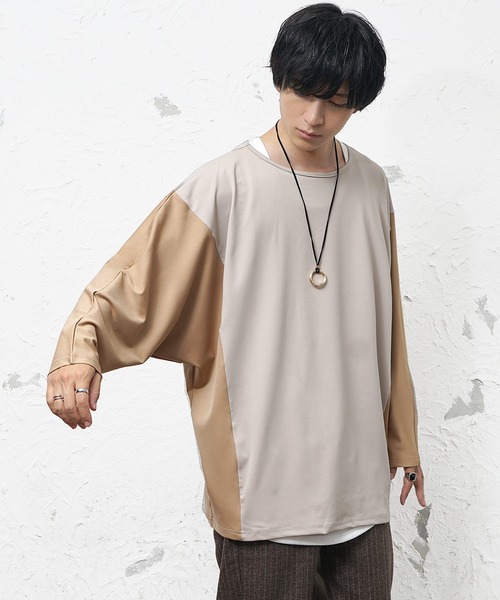 MinoriTY(マイノリティ)の「【MinoriTY】とろみ素材オーバーサイズドルマンシルエット切り替えデザインロンT 長袖Tシャツ メンズ プルオーバー ルーズフィット 秋服(Tシャツ/カットソー・メンズ・ベージュ/ネイビー・M/S/L)」の4枚目の写真