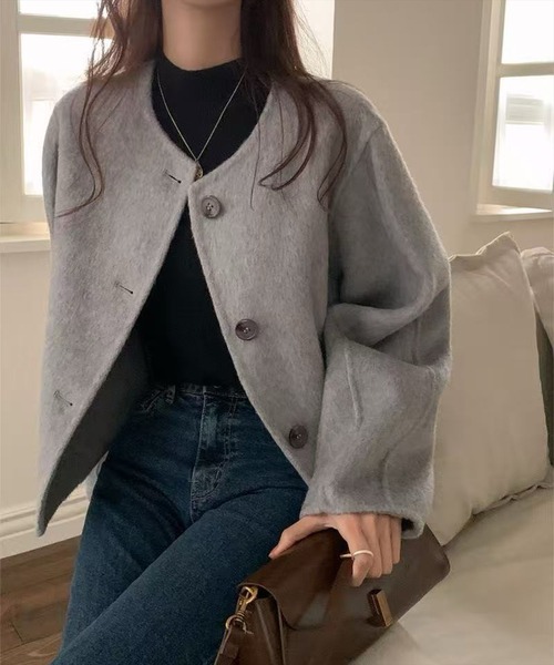 STAY MOTION（ステイモーション）の「【WEB限定】ノーカラーショート丈コート［韓国ファッション カジュアル］（その他アウター・レディース・アイボリー/グレー・L/M）」の9枚目の写真