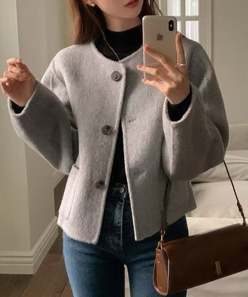 STAY MOTION（ステイモーション）の「【WEB限定】ノーカラーショート丈コート［韓国ファッション カジュアル］（その他アウター・レディース・アイボリー/グレー・L/M）」の10枚目の写真