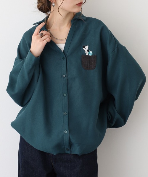 Quelle Chance(ケルシャンス)の「靴下猫刺繍タックシャツ(シャツ/ブラウス・レディース・チャコールグレー/グリーン/キナリ・M/L)」の12枚目の写真
