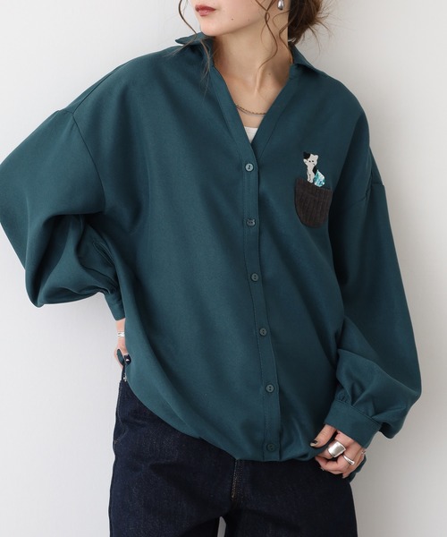 Quelle Chance(ケルシャンス)の「靴下猫刺繍タックシャツ(シャツ/ブラウス・レディース・チャコールグレー/グリーン/キナリ・M/L)」の14枚目の写真