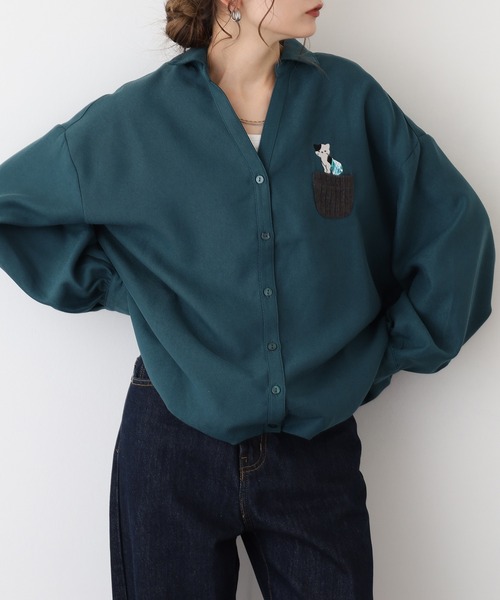 Quelle Chance(ケルシャンス)の「靴下猫刺繍タックシャツ(シャツ/ブラウス・レディース・チャコールグレー/グリーン/キナリ・M/L)」の13枚目の写真
