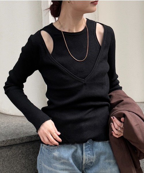 FMiBL（ファミル）の「SELECT by CREAM　レイヤードリブニット（ニット/セーター・レディース・チャコールグレー/ブラウン/ブラック・FREE）」の2枚目の写真