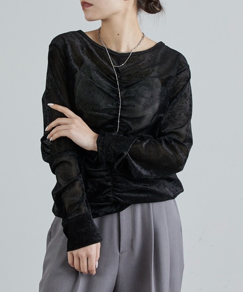 Lui's（ルイス）の「フロントシャーリングベロアプルオーバー（Tシャツ/カットソー・レディース・ブラック/ベージュ/ブラウン・FREE）」の2枚目の写真