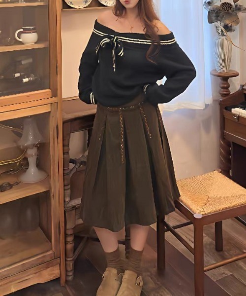 gossip!ロサンゼルス(ゴシップロサンゼルス)の「レトロ風チェーン付きプリーツカジュアル 通勤ミディスカート(スカート・レディース・ブラウン・S)」の13枚目の写真