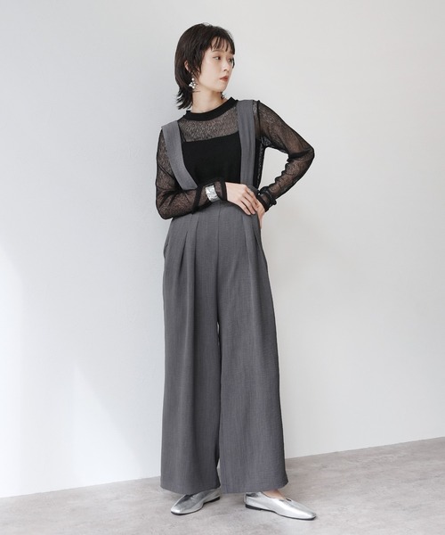 Yeoun(ヨウン)の「エアリーリネンライクワイドサロペット(サロペット/オーバーオール・レディース・チャコール/ブラック・M)」の3枚目の写真