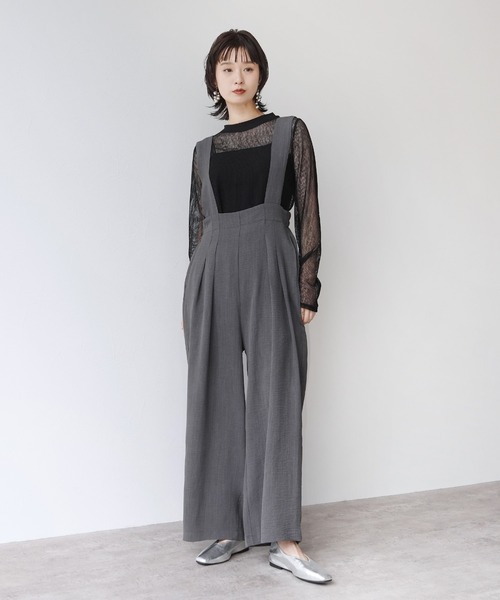 Yeoun(ヨウン)の「エアリーリネンライクワイドサロペット(サロペット/オーバーオール・レディース・チャコール/ブラック・M)」の7枚目の写真