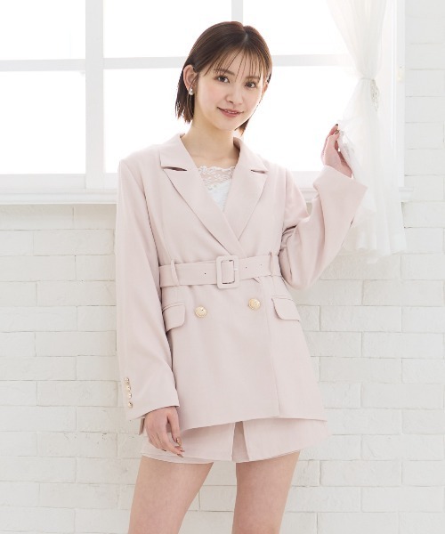 REDYAZEL（レディアゼル）の「【セットアップ可能】ベルテッドダブルジャケット（テーラードジャケット・レディース・ピンク/グレー・FREE）」の5枚目の写真