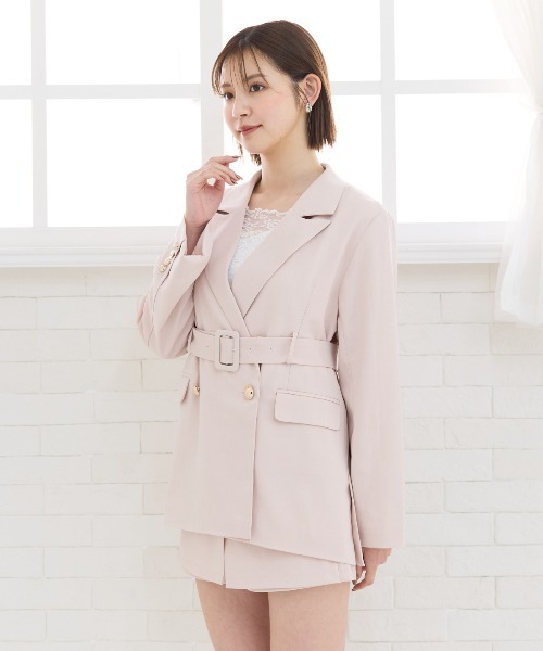 REDYAZEL（レディアゼル）の「【セットアップ可能】ベルテッドダブルジャケット（テーラードジャケット・レディース・ピンク/グレー・FREE）」の6枚目の写真