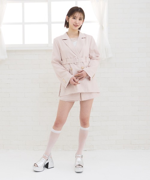 REDYAZEL（レディアゼル）の「【セットアップ可能】ベルテッドダブルジャケット（テーラードジャケット・レディース・ピンク/グレー・FREE）」の8枚目の写真