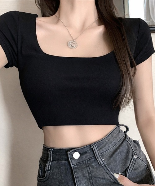 NANEA(ナネア)の「ワイドネッククロップドTシャツ(Tシャツ/カットソー・レディース・ブラック/ホワイト/チャコールグレー・MEDIUM)」の2枚目の写真