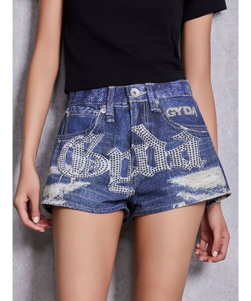 GYDA(ジェイダ)の「ジャストウエストGYDA bijou sublimation printingデニムショートパンツ(デニムパンツ・レディース・ライトブルー/ブルー・MEDIUM/SMALL/X-SMALL)」の1枚目の写真