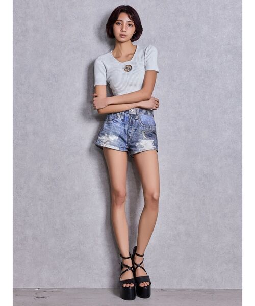 GYDA(ジェイダ)の「ジャストウエストGYDA bijou sublimation printingデニムショートパンツ(デニムパンツ・レディース・ライトブルー/ブルー・MEDIUM/SMALL/X-SMALL)」の6枚目の写真
