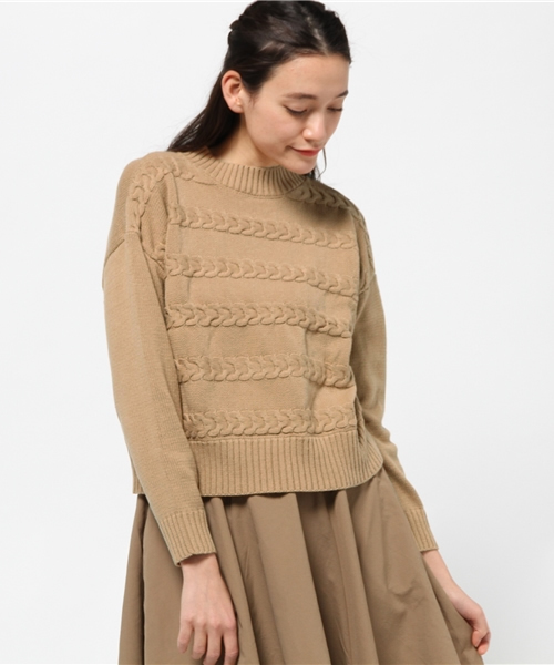 mystic（ミスティック）の「【mystic】ケーブルボーダーニットプルオーバー（ニット/セーター・レディース・キャメル/オフホワイト/ブラック/ネイビー・ﾌﾘ-）」の4枚目の写真