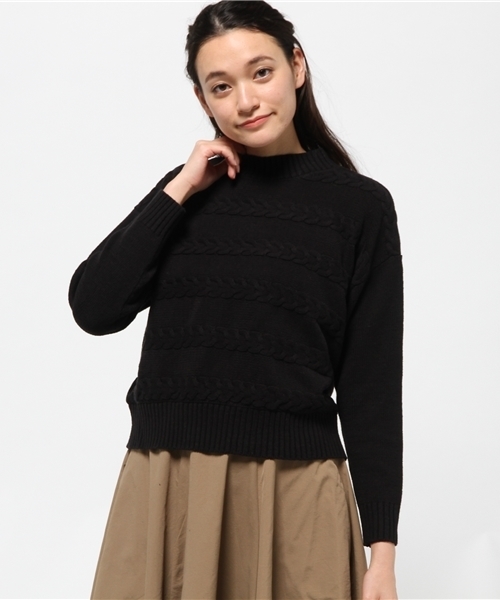 mystic（ミスティック）の「【mystic】ケーブルボーダーニットプルオーバー（ニット/セーター・レディース・キャメル/オフホワイト/ブラック/ネイビー・ﾌﾘ-）」の2枚目の写真