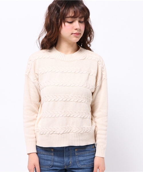 mystic（ミスティック）の「【mystic】ケーブルボーダーニットプルオーバー（ニット/セーター・レディース・キャメル/オフホワイト/ブラック/ネイビー・ﾌﾘ-）」の5枚目の写真