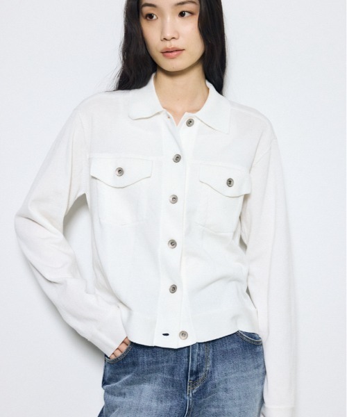 AZUL by moussy(アズールバイマウジー)の「【身長/骨格別着用画像あり】3rdタイプニットジャケット 春服 秋服 ブルゾン(ブルゾン・レディース・ブラック/オフホワイト/ライトカーキ・FREE)」の2枚目の写真