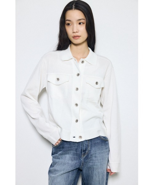 AZUL by moussy(アズールバイマウジー)の「【身長/骨格別着用画像あり】3rdタイプニットジャケット 春服 秋服 ブルゾン(ブルゾン・レディース・ブラック/オフホワイト/ライトカーキ・FREE)」の4枚目の写真