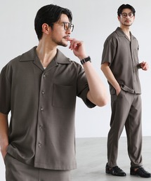 SPU（スプ）の「【セットアップ 2点セット】【防シワ・抗ピリング・接触冷感】機能性テックリネンノーカラー半袖カーデ or オープンカラー半袖シャツ &テーパードパンツセットアップ（セットアップ）」