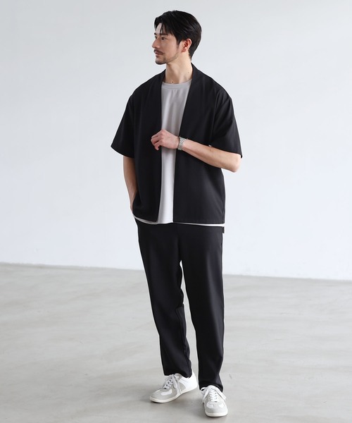 SPU(スプ)の「【セットアップ 2点セット】【防シワ・抗ピリング・接触冷感】機能性テックリネンノーカラー半袖カーデ or オープンカラー半袖シャツ &テーパードパンツセットアップ(セットアップ・メンズ・ブラック系/チャコール/モカ/ネイビー/グレー系/ネイビー系/ブラック/ブラウン系/ベージュ系/ベージュ・S/M/L/XL)」の16枚目の写真
