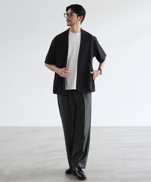 SPU(スプ)の「【セットアップ 2点セット】【防シワ・抗ピリング・接触冷感】機能性テックリネンノーカラー半袖カーデ or オープンカラー半袖シャツ &テーパードパンツセットアップ(セットアップ・メンズ・ブラック系/チャコール/モカ/ネイビー/グレー系/ネイビー系/ブラック/ブラウン系/ベージュ系/ベージュ・S/M/L/XL)」の17枚目の写真