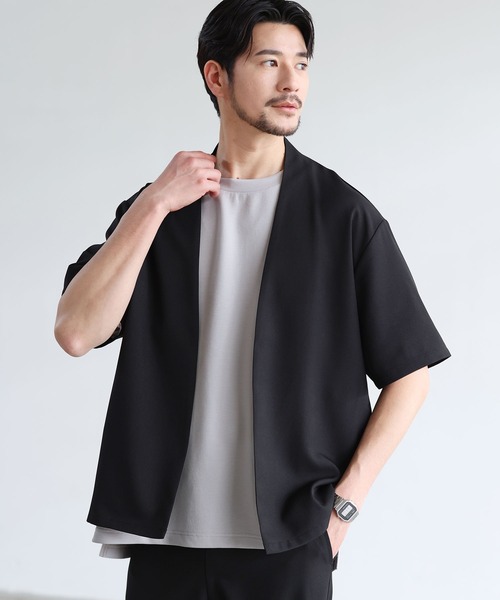 SPU(スプ)の「【セットアップ 2点セット】【防シワ・抗ピリング・接触冷感】機能性テックリネンノーカラー半袖カーデ or オープンカラー半袖シャツ &テーパードパンツセットアップ(セットアップ・メンズ・ブラック系/チャコール/モカ/ネイビー/グレー系/ネイビー系/ブラック/ブラウン系/ベージュ系/ベージュ・S/M/L/XL)」の11枚目の写真