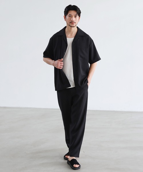 SPU(スプ)の「【セットアップ 2点セット】【防シワ・抗ピリング・接触冷感】機能性テックリネンノーカラー半袖カーデ or オープンカラー半袖シャツ &テーパードパンツセットアップ(セットアップ・メンズ・ブラック系/チャコール/モカ/ネイビー/グレー系/ネイビー系/ブラック/ブラウン系/ベージュ系/ベージュ・S/M/L/XL)」の22枚目の写真