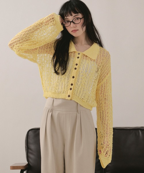 セール】tape sheer colour knit cardigan / テープシアーカラーニット