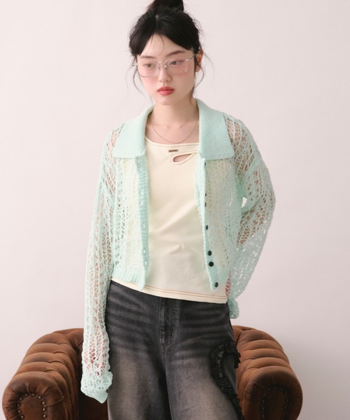 loin nuit(ロワンニュイ)の「tape sheer colour knit cardigan / テープシアーカラーニットカーディガン(カーディガン/ボレロ・レディース・ライトブルー/ミックスグレー/ピンク/イエロー・FREE)」の9枚目の写真