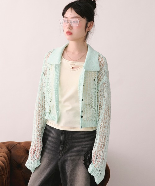 loin nuit(ロワンニュイ)の「tape sheer colour knit cardigan / テープシアーカラーニットカーディガン(カーディガン/ボレロ・レディース・ライトブルー/ミックスグレー/ピンク/イエロー・FREE)」の10枚目の写真