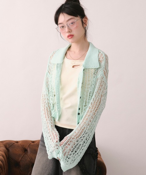 loin nuit(ロワンニュイ)の「tape sheer colour knit cardigan / テープシアーカラーニットカーディガン(カーディガン/ボレロ・レディース・ライトブルー/ミックスグレー/ピンク/イエロー・FREE)」の11枚目の写真