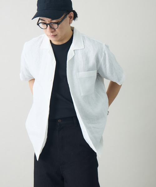 kuros'(クロス)の「【kuros'オリジナル】オープンカラーリネン半袖シャツ リネン100% 日本製(シャツ/ブラウス・メンズ・チャコールグレー/ブラック/ホワイト・MEDIUM/LARGE)」の2枚目の写真