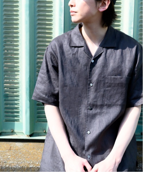 [kuros' Original] Open Collar Linen полуспортивная рубашка с коротким рукавом, 100% лен, сделано в Японии