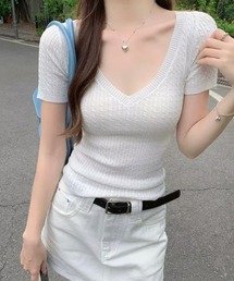 (接触冷感・吸水速乾・イージーケア) Vネックケーブル編み半袖ニットトップス 【オフィスカジュアル】【きれいめカジュアル】 レディース韓国風