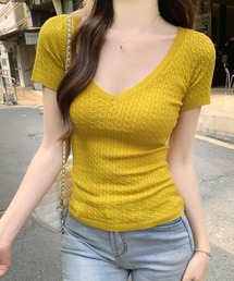 (接触冷感・吸水速乾・イージーケア) Vネックケーブル編み半袖ニットトップス  【オフィスカジュアル】【きれいめカジュアル】 レディース韓国風