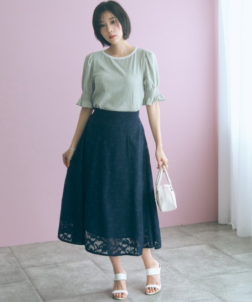 marun(マルン)の「<大きいサイズ>フラワーシアーカットジャガードスカート marun(スカート・レディース・ミント/ネイビー・LL/L/5L/4L/3L)」の7枚目の写真