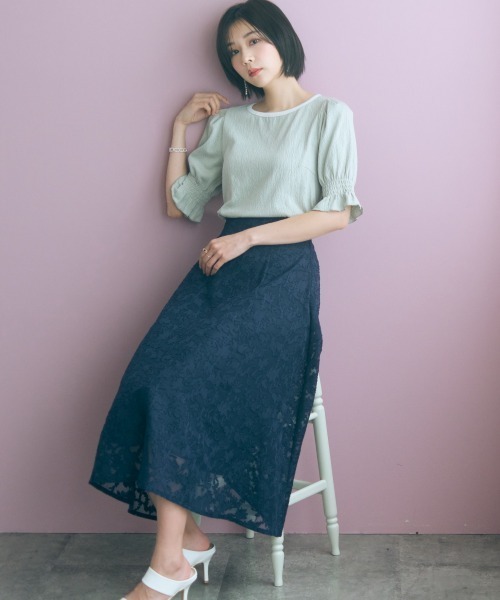 marun(マルン)の「<大きいサイズ>フラワーシアーカットジャガードスカート marun(スカート・レディース・ミント/ネイビー・LL/L/5L/4L/3L)」の9枚目の写真