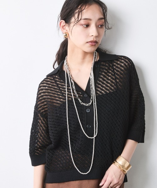 CHIC STYLE（シックスタイル）の「綿麻透かし編ポロニット＜大きいサイズ有＞シックスタイル（ニット/セーター・レディース・オフホワイト/ブラック・L/M/5L/4L/3L/LL）」の2枚目の写真