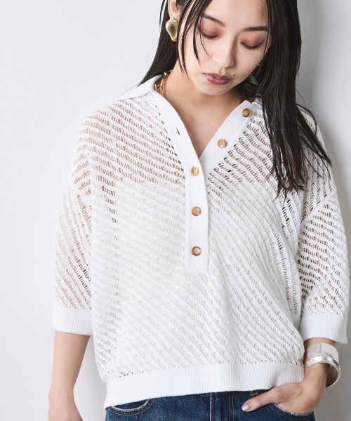 CHIC STYLE（シックスタイル）の「綿麻透かし編ポロニット＜大きいサイズ有＞シックスタイル（ニット/セーター・レディース・オフホワイト/ブラック・L/M/5L/4L/3L/LL）」の3枚目の写真