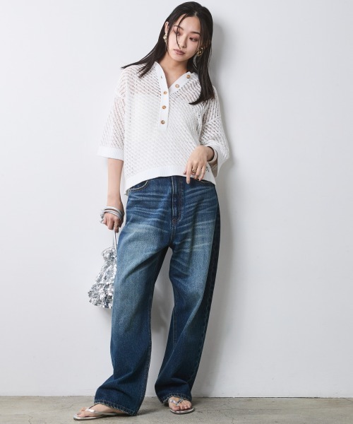 CHIC STYLE（シックスタイル）の「綿麻透かし編ポロニット＜大きいサイズ有＞シックスタイル（ニット/セーター・レディース・オフホワイト/ブラック・L/M/5L/4L/3L/LL）」の13枚目の写真