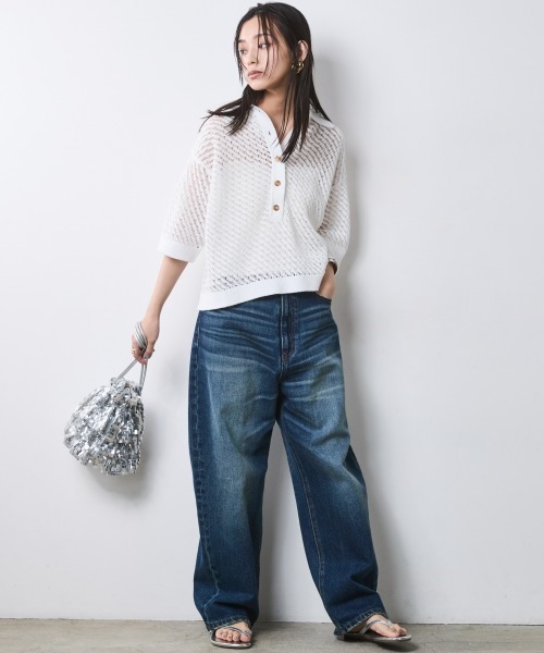 CHIC STYLE（シックスタイル）の「綿麻透かし編ポロニット＜大きいサイズ有＞シックスタイル（ニット/セーター・レディース・オフホワイト/ブラック・L/M/5L/4L/3L/LL）」の14枚目の写真