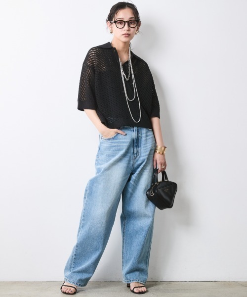 CHIC STYLE（シックスタイル）の「綿麻透かし編ポロニット＜大きいサイズ有＞シックスタイル（ニット/セーター・レディース・オフホワイト/ブラック・L/M/5L/4L/3L/LL）」の7枚目の写真