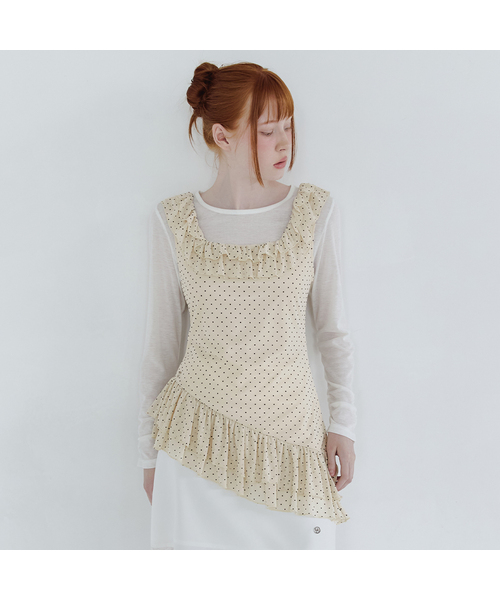 MICANE(ミケーネ)の「ソーラードットフリルスリーブレスTシャツセットアップ(Tシャツ/カットソー・レディース・ブラック/クリーム・SMALL/MEDIUM/LARGE/X-LARGE)」の2枚目の写真