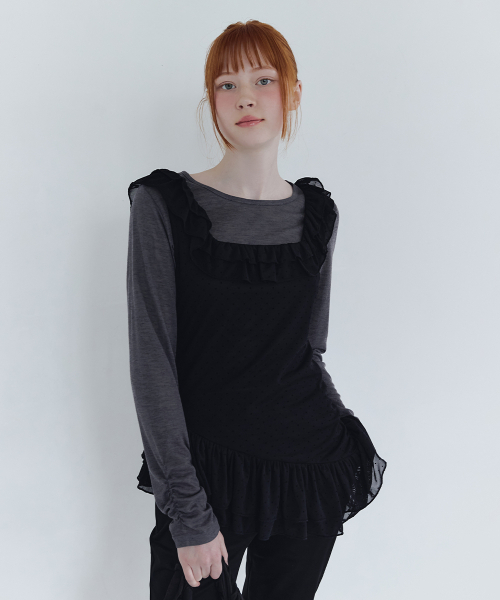 MICANE(ミケーネ)の「ソーラードットフリルスリーブレスTシャツセットアップ(Tシャツ/カットソー・レディース・ブラック/クリーム・SMALL/MEDIUM/LARGE/X-LARGE)」の13枚目の写真