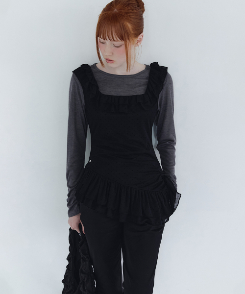 MICANE(ミケーネ)の「ソーラードットフリルスリーブレスTシャツセットアップ(Tシャツ/カットソー・レディース・ブラック/クリーム・SMALL/MEDIUM/LARGE/X-LARGE)」の12枚目の写真