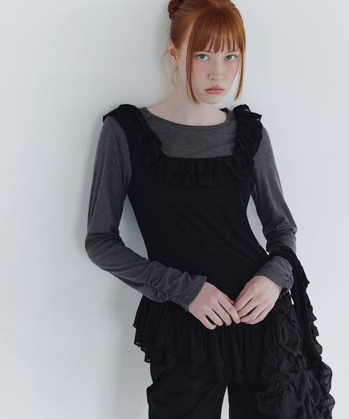 MICANE(ミケーネ)の「ソーラードットフリルスリーブレスTシャツセットアップ(Tシャツ/カットソー・レディース・ブラック/クリーム・SMALL/MEDIUM/LARGE/X-LARGE)」の11枚目の写真