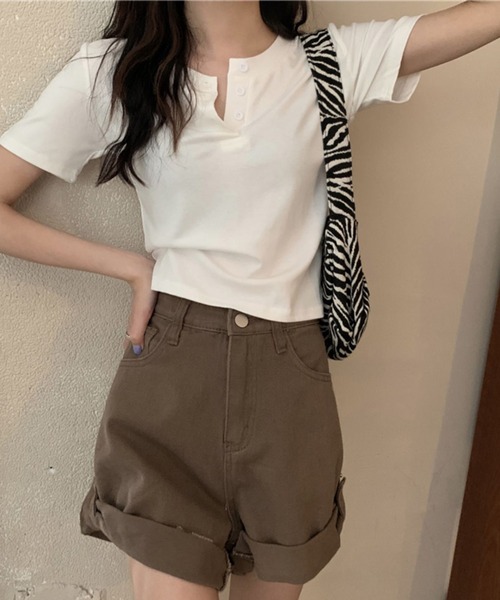 shyam inspiration（シャムインスピレーション）の「2026年新作/ヘンリーネックシンプルTシャツ/クロップド/ベーシックカラー/半袖（Tシャツ/カットソー・レディース・ホワイト/ブラック/グレー・M/L）」の10枚目の写真