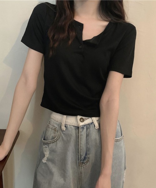 shyam inspiration（シャムインスピレーション）の「2026年新作/ヘンリーネックシンプルTシャツ/クロップド/ベーシックカラー/半袖（Tシャツ/カットソー・レディース・ホワイト/ブラック/グレー・M/L）」の4枚目の写真