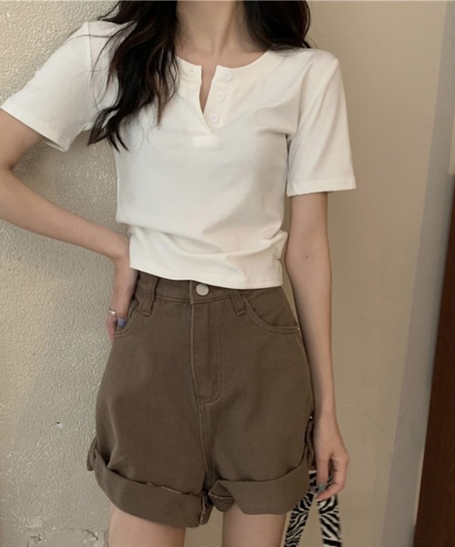 shyam inspiration（シャムインスピレーション）の「2026年新作/ヘンリーネックシンプルTシャツ/クロップド/ベーシックカラー/半袖（Tシャツ/カットソー・レディース・ホワイト/ブラック/グレー・M/L）」の9枚目の写真