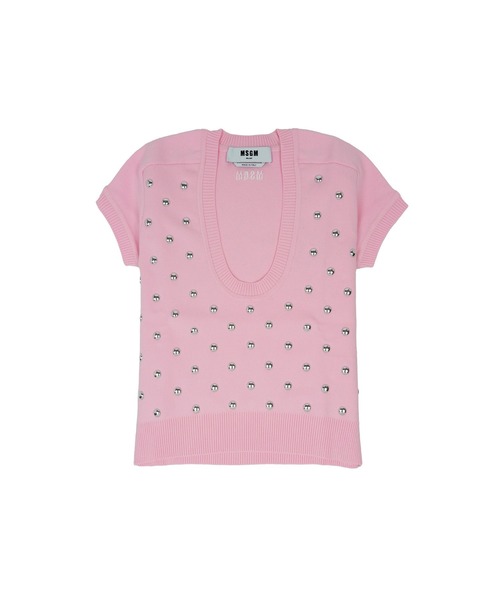 MSGM(エムエスジーエム)の「スタッズ ショートスリーブ ニットトップ(ニット/セーター・レディース・ピンク/ブラック・M/S)」の1枚目の写真